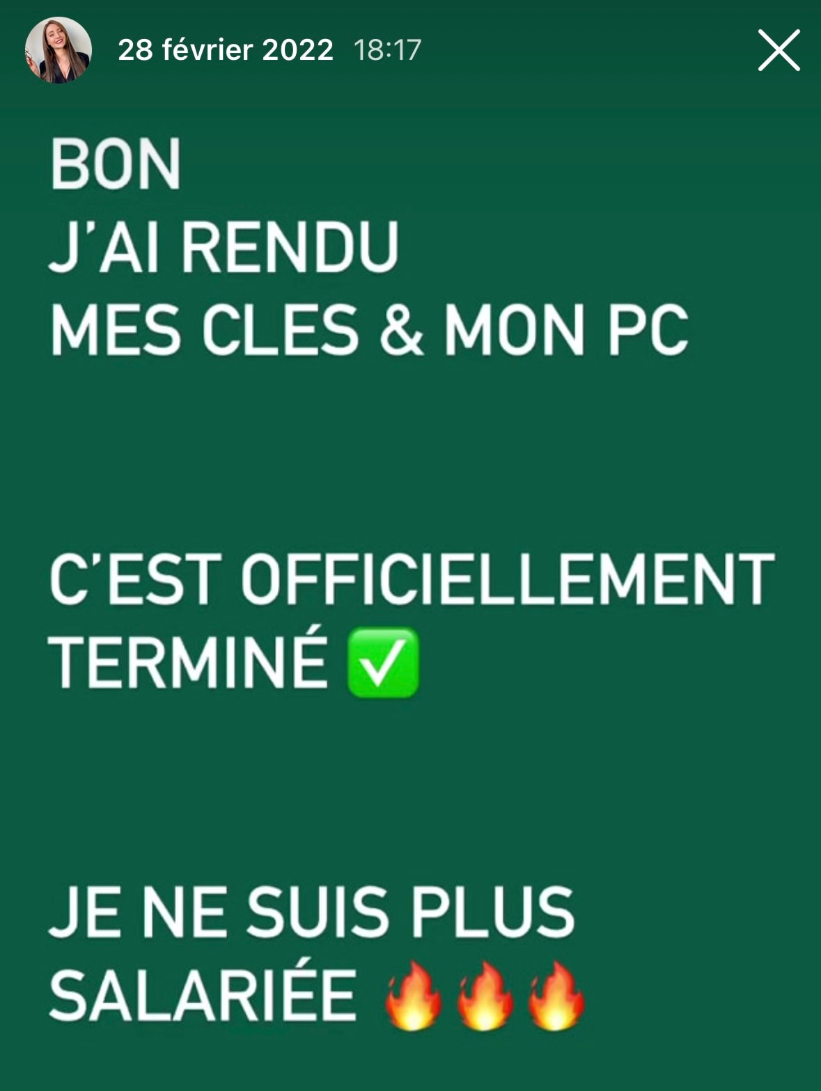Story Instagram du 28 février 2022 : annonce de la démission d'Emeline Siron