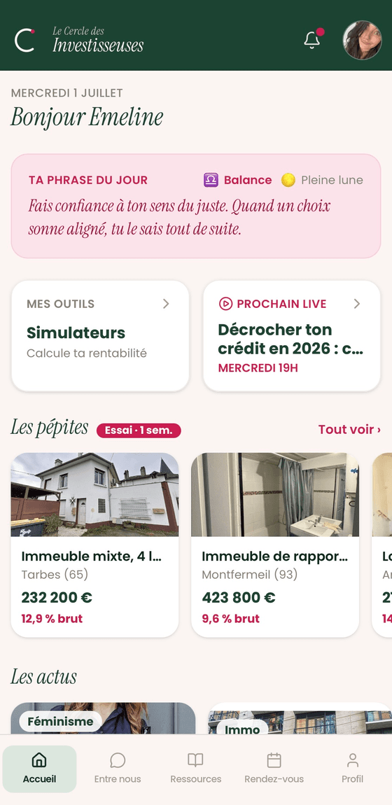 L'app Le Cercle des Investisseuses : l'écran d'accueil avec Les pépites