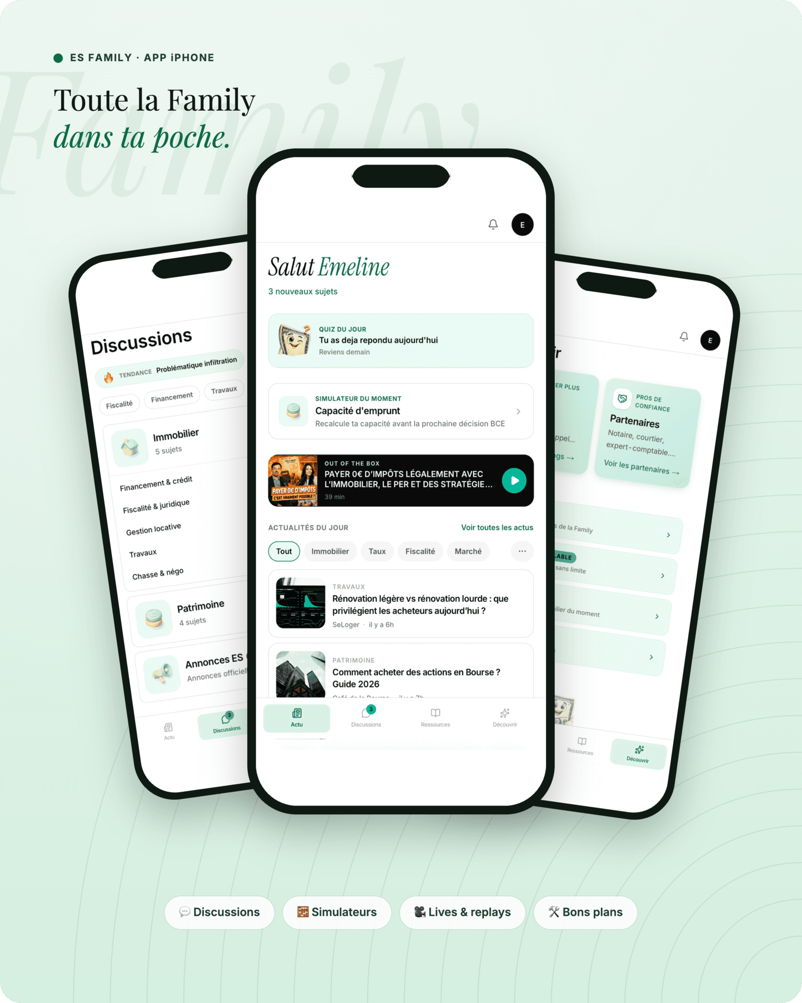 Mockup de l'app ES Family sur 3 iPhones : Discussions, Actu, Découvrir