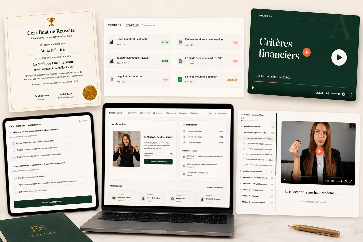 Aperçu de la plateforme La Méthode Emeline Siron : dashboard, modules vidéo, ressources Excel et PDF, quiz et certificat de réussite