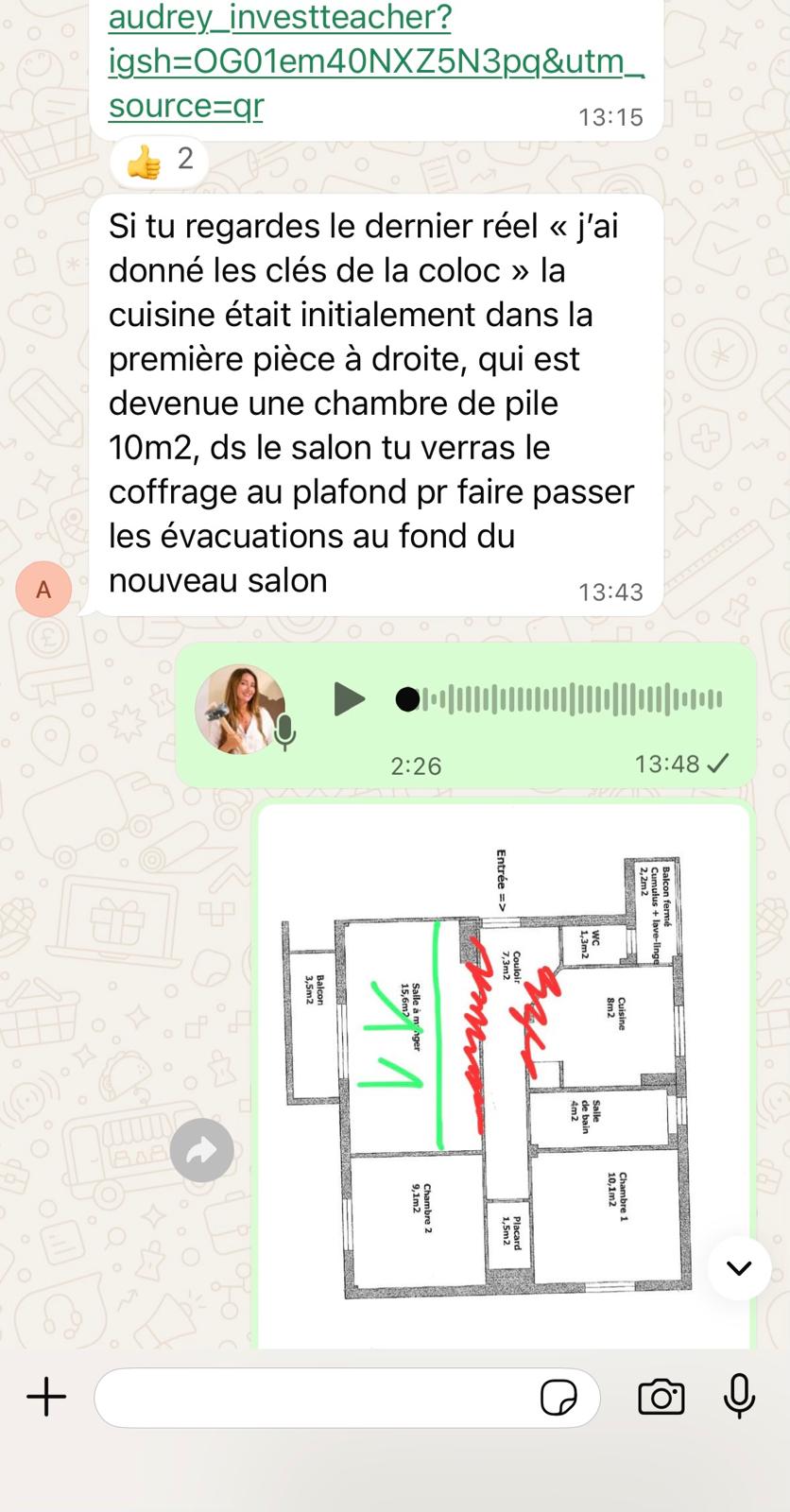 Audrey envoie un message audio avec un plan d'appartement annoté