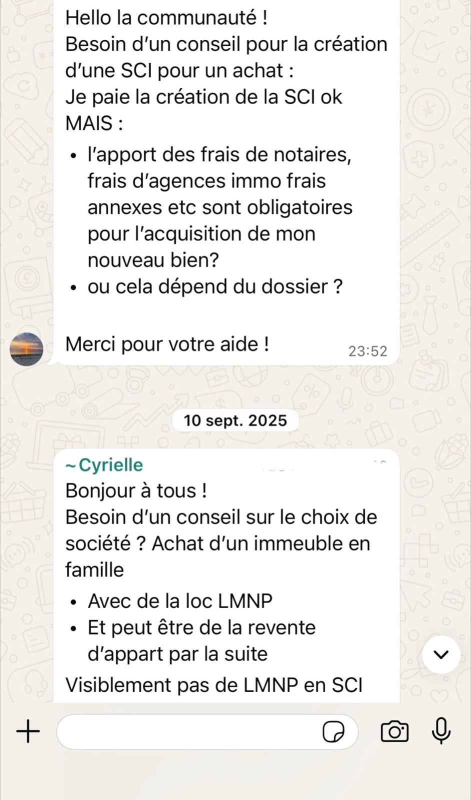 Message de Cyrielle qui demande conseil sur la création d'une SCI