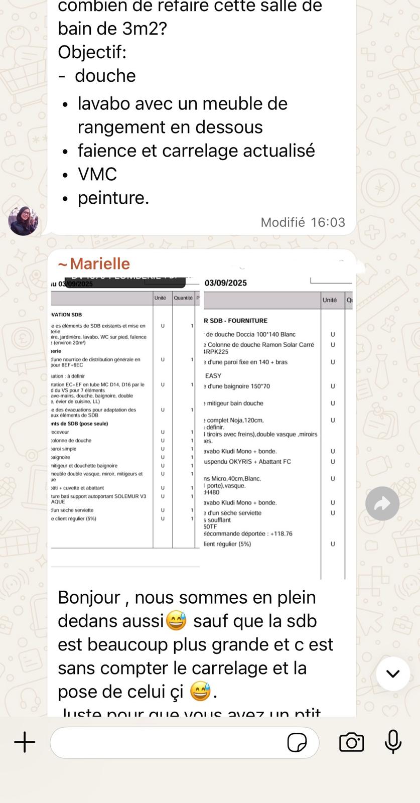 Message de Marielle qui partage un devis salle de bain pour comparaison